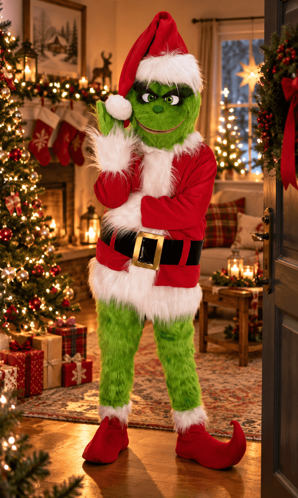 Green Christmas Mischief character visit from Magical VIP Visits