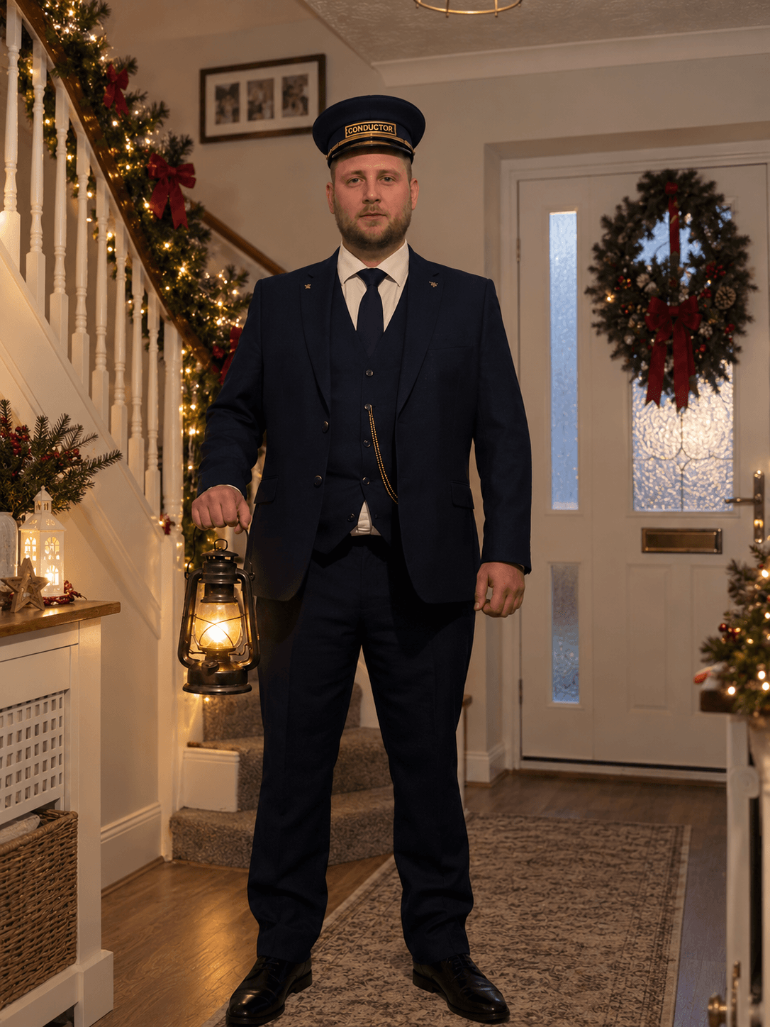 Christmas Train Conductor in a navy suit with gold accents and pocket watch